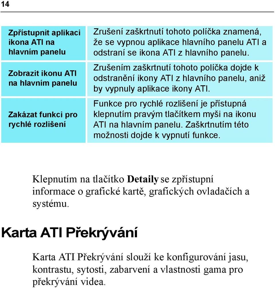 Funkce pro rychlé rozlišení je přístupná klepnutím pravým tlačítkem myši na ikonu ATI na hlavním panelu. Zaškrtnutím této možnosti dojde k vypnutí funkce.