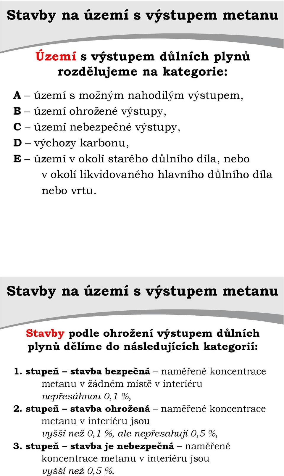 Stavby na území s výstupem metanu Stavby podle ohrožení výstupem důlních plynů dělíme do následujících kategorií: 1.