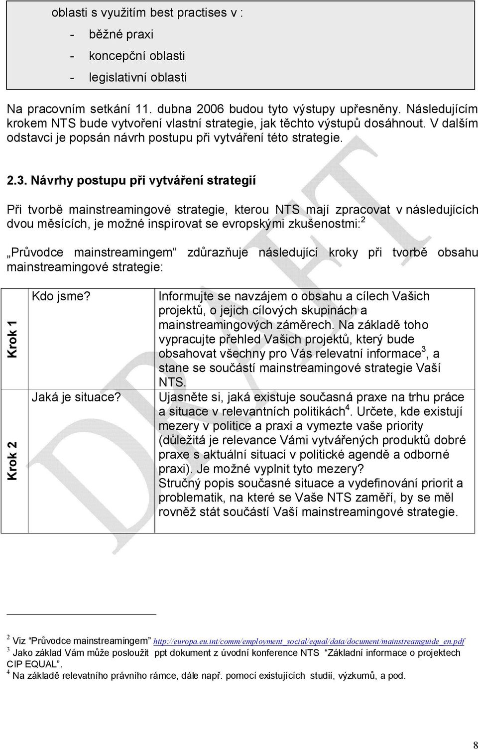 Návrhy postupu při vytváření strategií Při tvorbě mainstreamingové strategie, kterou NTS mají zpracovat v následujících dvou měsících, je možné inspirovat se evropskými zkušenostmi: 2 Průvodce