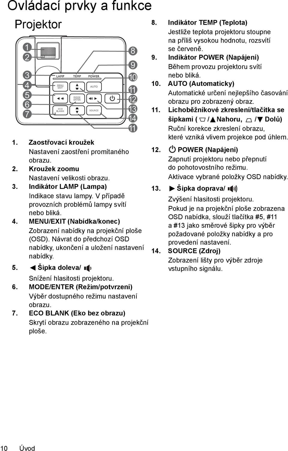 Návrat do předchozí OSD nabídky, ukončení a uložení nastavení nabídky. 5. Šipka doleva/ Snížení hlasitosti projektoru. 6. MODE/ENTER (Režim/potvrzení) Výběr dostupného režimu nastavení obrazu. 7.