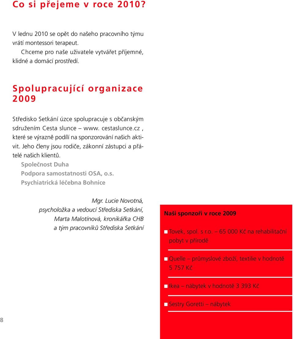 Jeho členy jsou rodiče, zákonní zástupci a přátelé našich klientů. Společnost Duha Podpora samostatnosti OSA, o.s. Psychiatrická léčebna Bohnice Mgr.