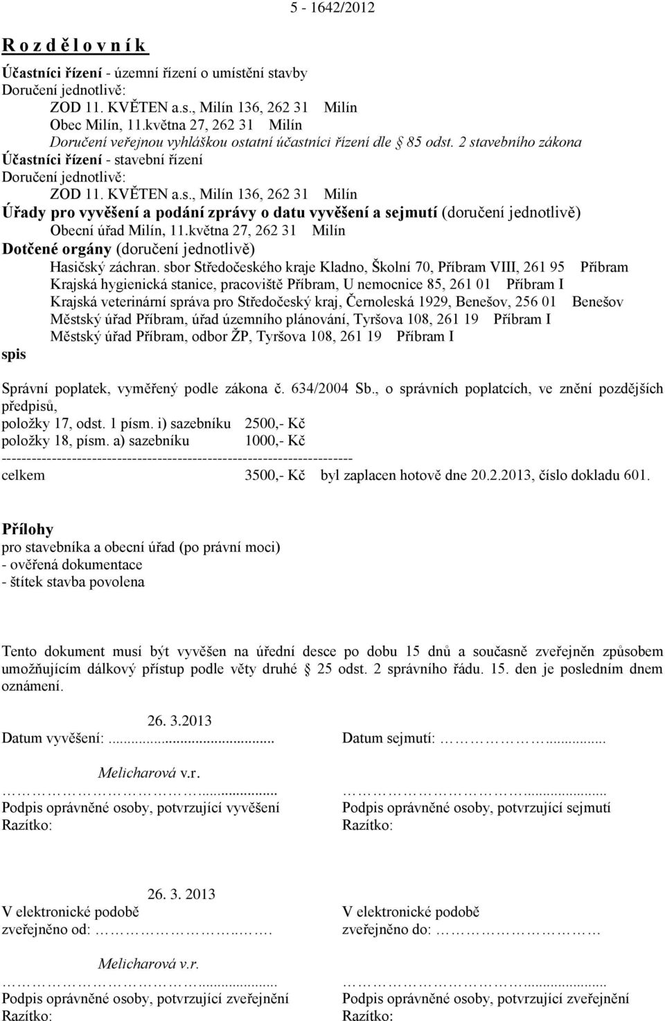 května 27, 262 31 Milín Dotčené orgány (doručení jednotlivě) Hasičský záchran.