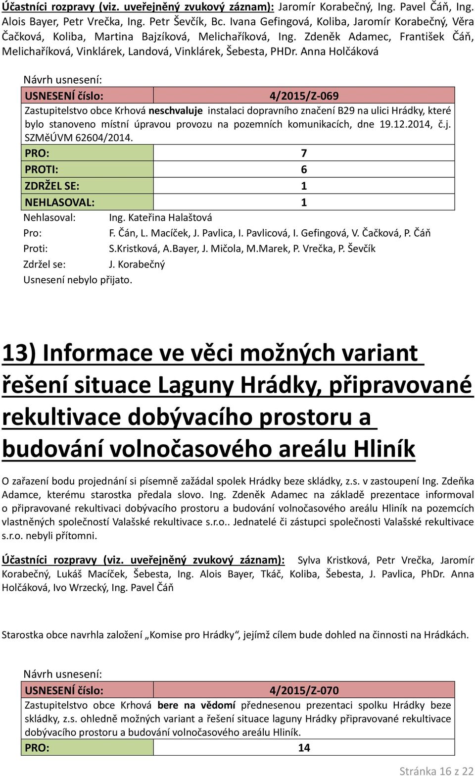 Anna Holčáková 4/2015/Z-069 Zastupitelstvo obce Krhová neschvaluje instalaci dopravního značení B29 na ulici Hrádky, které bylo stanoveno místní úpravou provozu na pozemních komunikacích, dne 19.12.