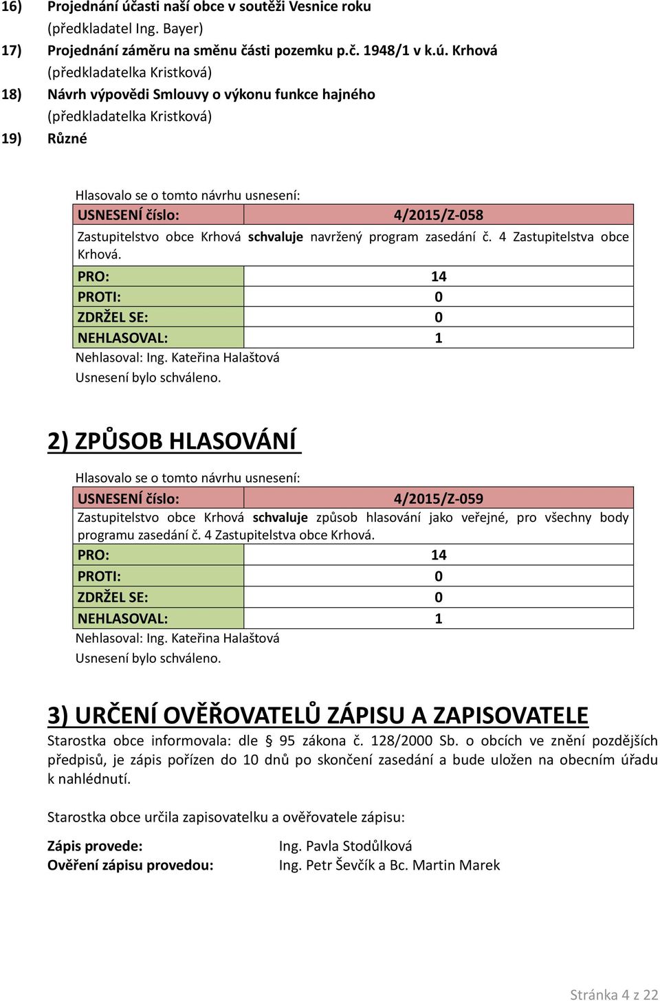 Krhová 18) Návrh výpovědi Smlouvy o výkonu funkce hajného 19) Různé Hlasovalo se o tomto návrhu usnesení: 4/2015/Z-058 Zastupitelstvo obce Krhová schvaluje navržený program zasedání č.