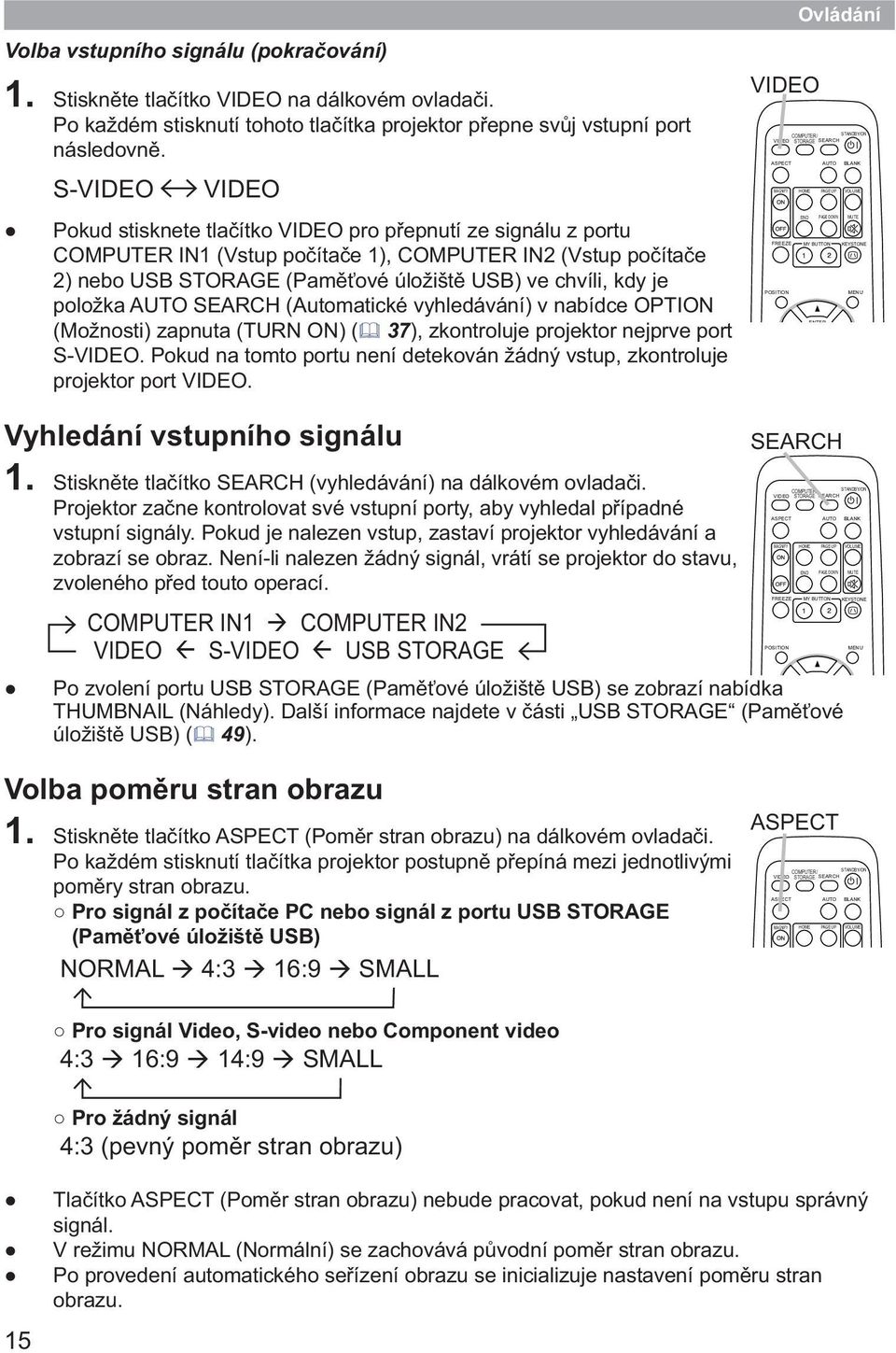 je položka AUTO SEARCH (Automatické vyhledávání) v nabídce OPTION (Možnosti) zapnuta (TURN ON) ( 37), zkontroluje projektor nejprve port S-VIDEO.