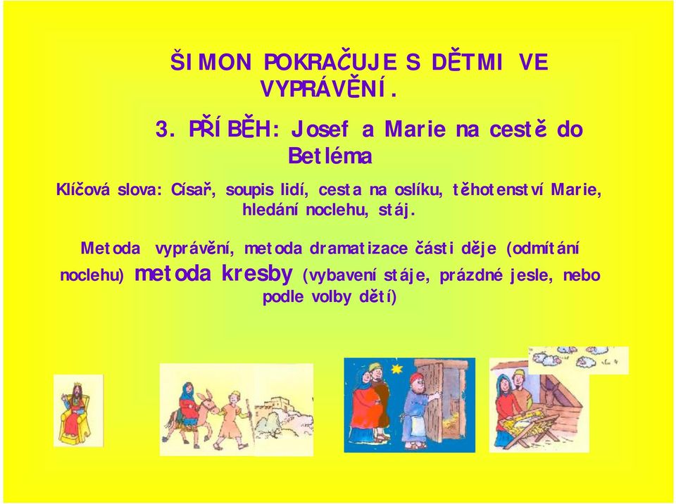 cesta na oslíku, těhotenství Marie, hledání noclehu, stáj.
