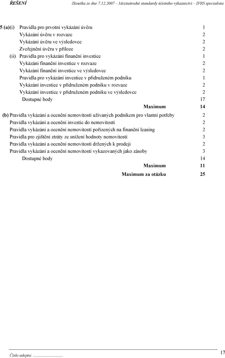 přidruženém podniku ve výsledovce 2 Dostupné body 17 Maximum 14 (b) Pravidla vykázání a ocenění nemovitostí užívaných podnikem pro vlastní potřeby 2 Pravidla vykázání a ocenění investic do