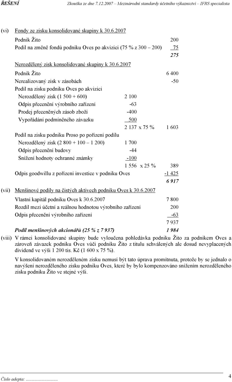 2007 Podnik Žito 6 400 Nerealizovaný zisk v zásobách -50 Podíl na zisku podniku Oves po akvizici Nerozdělený zisk (1 500 + 600) 2 100 Odpis přecenění výrobního zařízení -63 Prodej přeceněných zásob