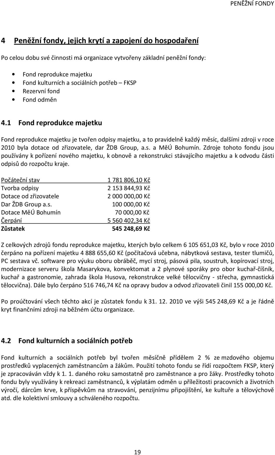 1 Fond reprodukce majetku Fond reprodukce majetku je tvořen odpisy majetku, a to pravidelně každý měsíc, dalšími zdroji v roce 2010 byla dotace od zřizovatele, dar ŽDB Group, a.s. a MěÚ Bohumín.