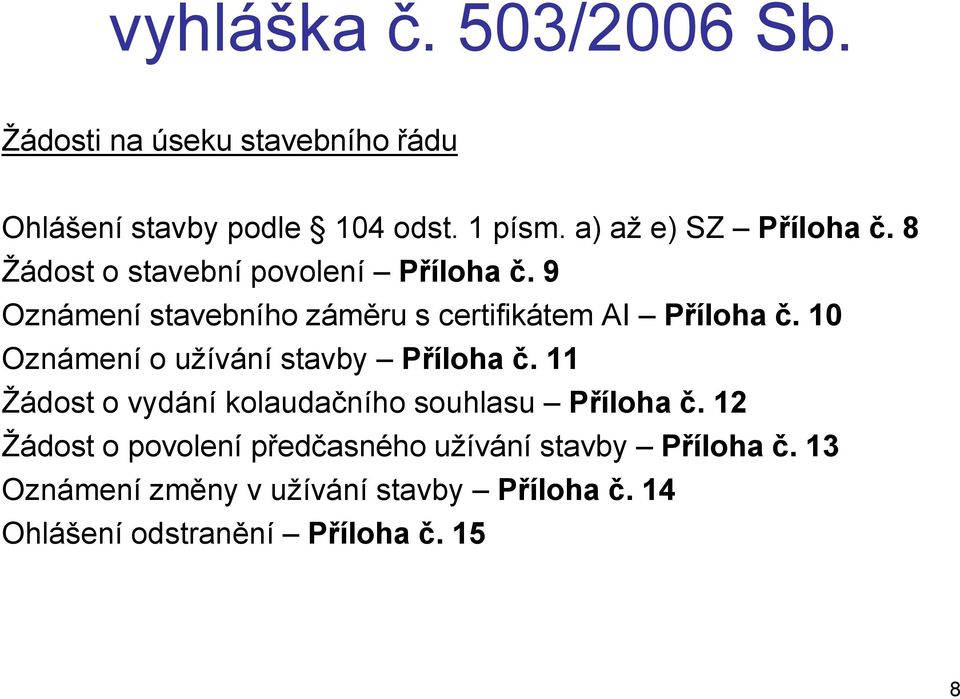 9 Oznámení stavebního záměru s certifikátem AI Příloha č. 10 Oznámení o užívání stavby Příloha č.