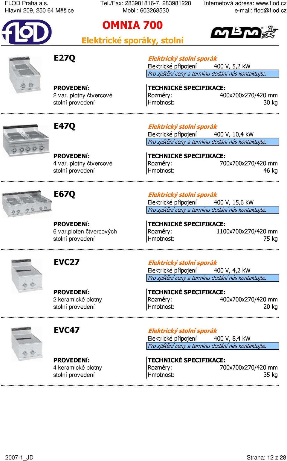 plotny čtvercové 700x700x270/420 mm stolní provedení 46 kg E67Q Elektrický stolní sporák Elektrické připojení 400 V, 15,6 kw 6 var.