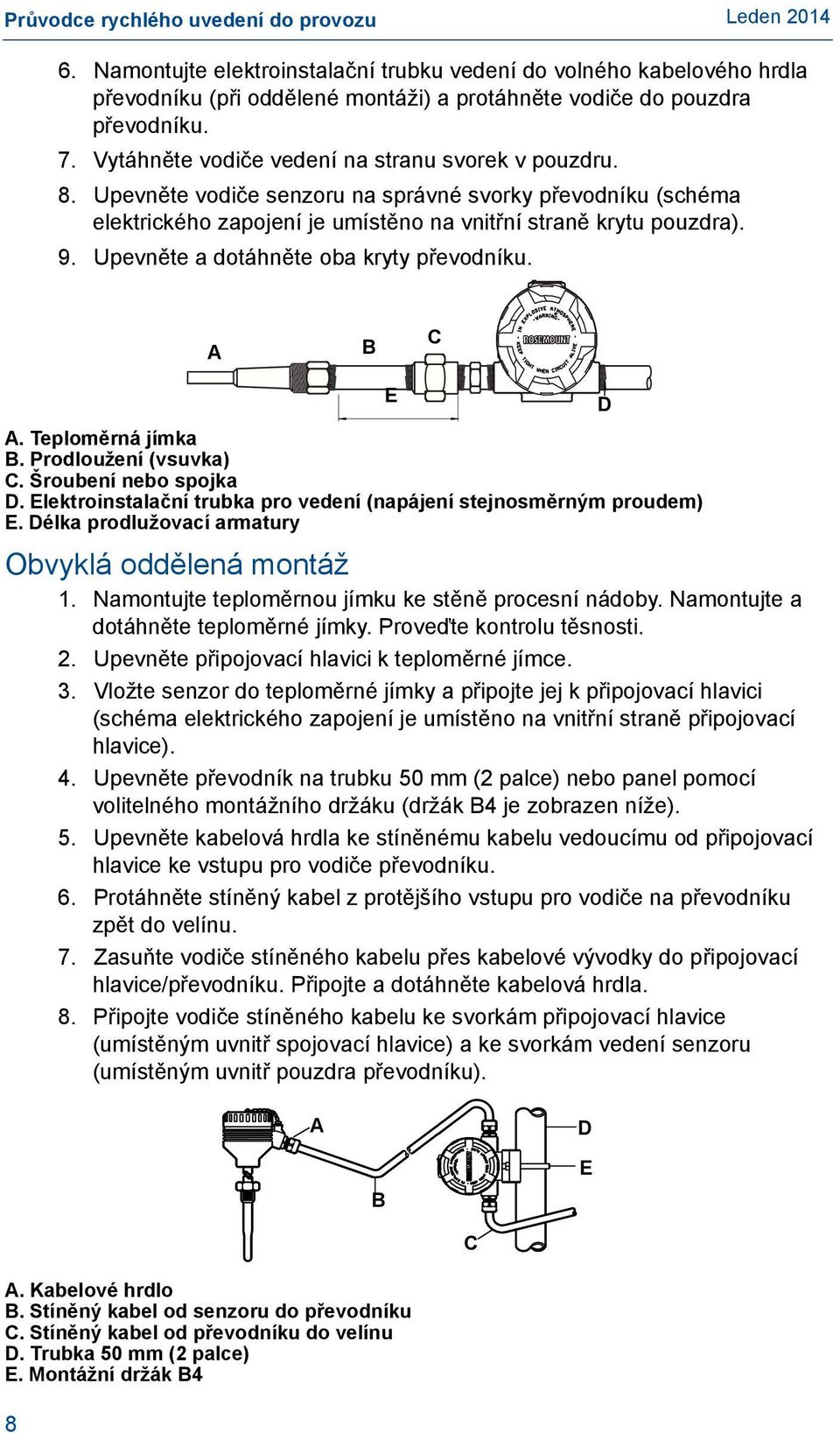 Upevněte a dotáhněte oba kryty převodníku. A B C A. Teploměrná jímka B. Prodloužení (vsuvka) C. Šroubení nebo spojka D. Elektroinstalační trubka pro vedení (napájení stejnosměrným proudem) E.