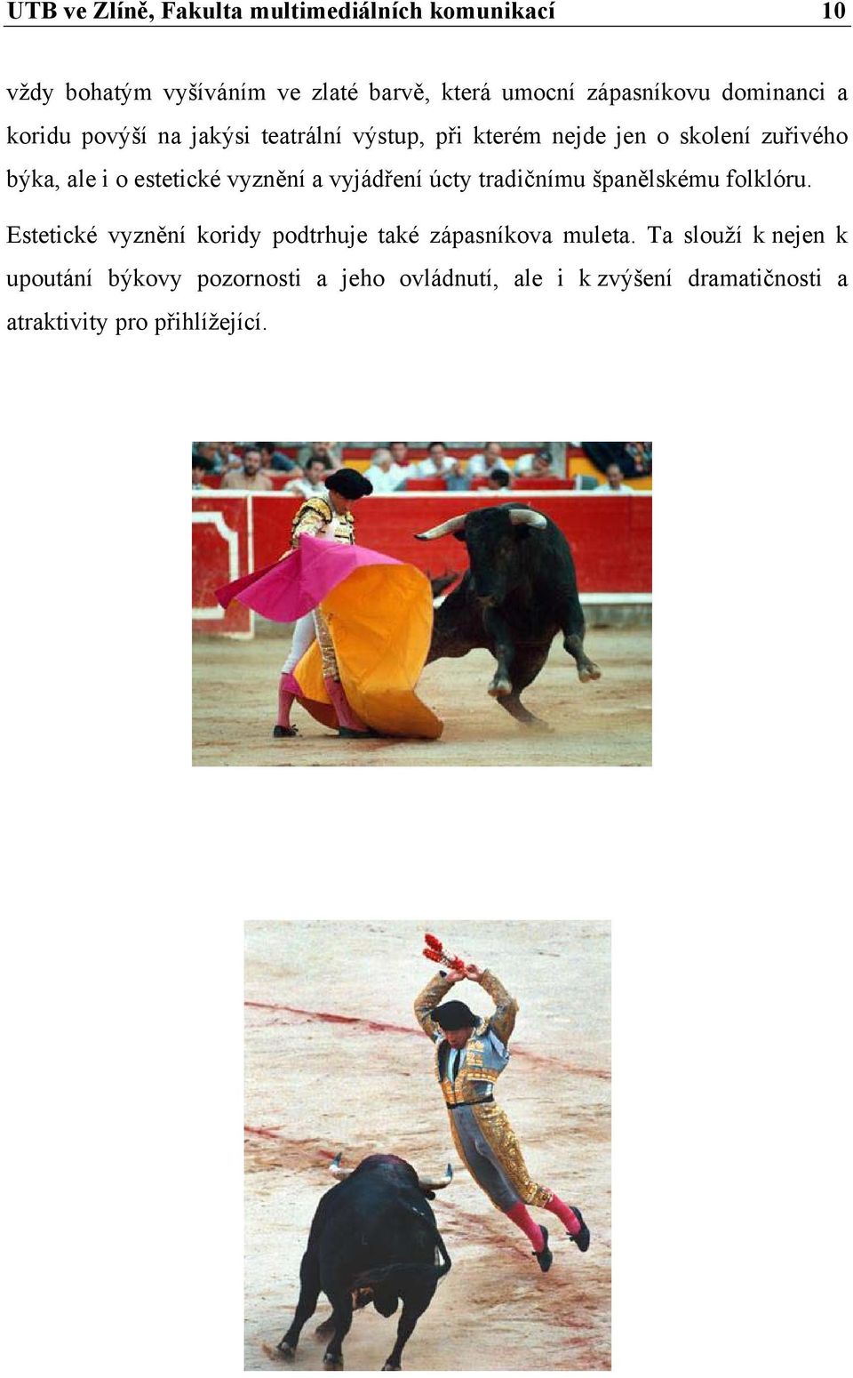 vyznění a vyjádření úcty tradičnímu španělskému folklóru. Estetické vyznění koridy podtrhuje také zápasníkova muleta.