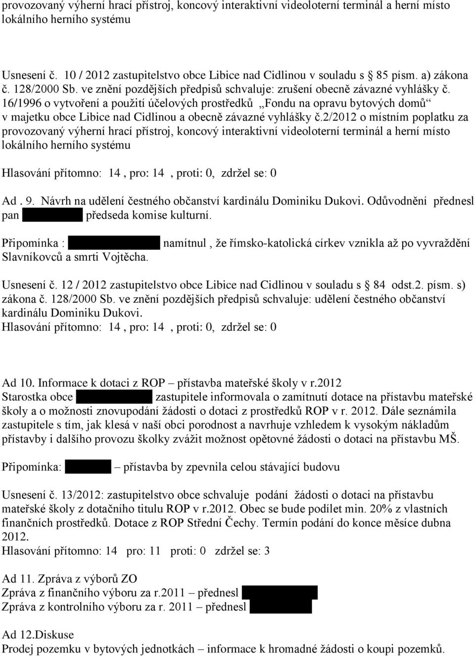 16/1996 o vytvoření a použití účelových prostředků Fondu na opravu bytových domů v majetku obce Libice nad Cidlinou a obecně závazné vyhlášky č.