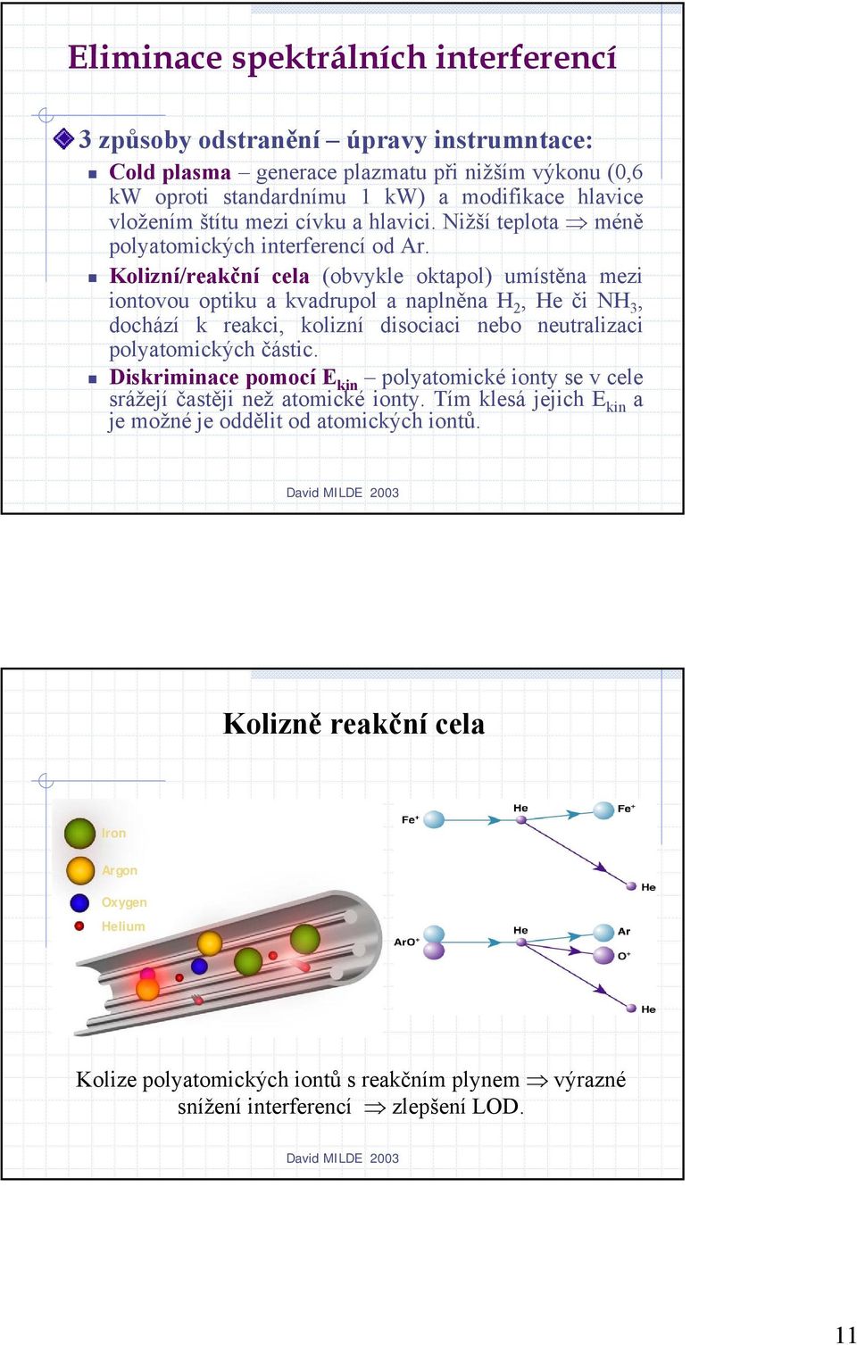 Kolizní/reakční cela (obvykle oktapol) umístěna mezi iontovou optiku a kvadrupol a naplněna H 2, He či NH 3, dochází k reakci, kolizní disociaci nebo neutralizaci polyatomických částic.