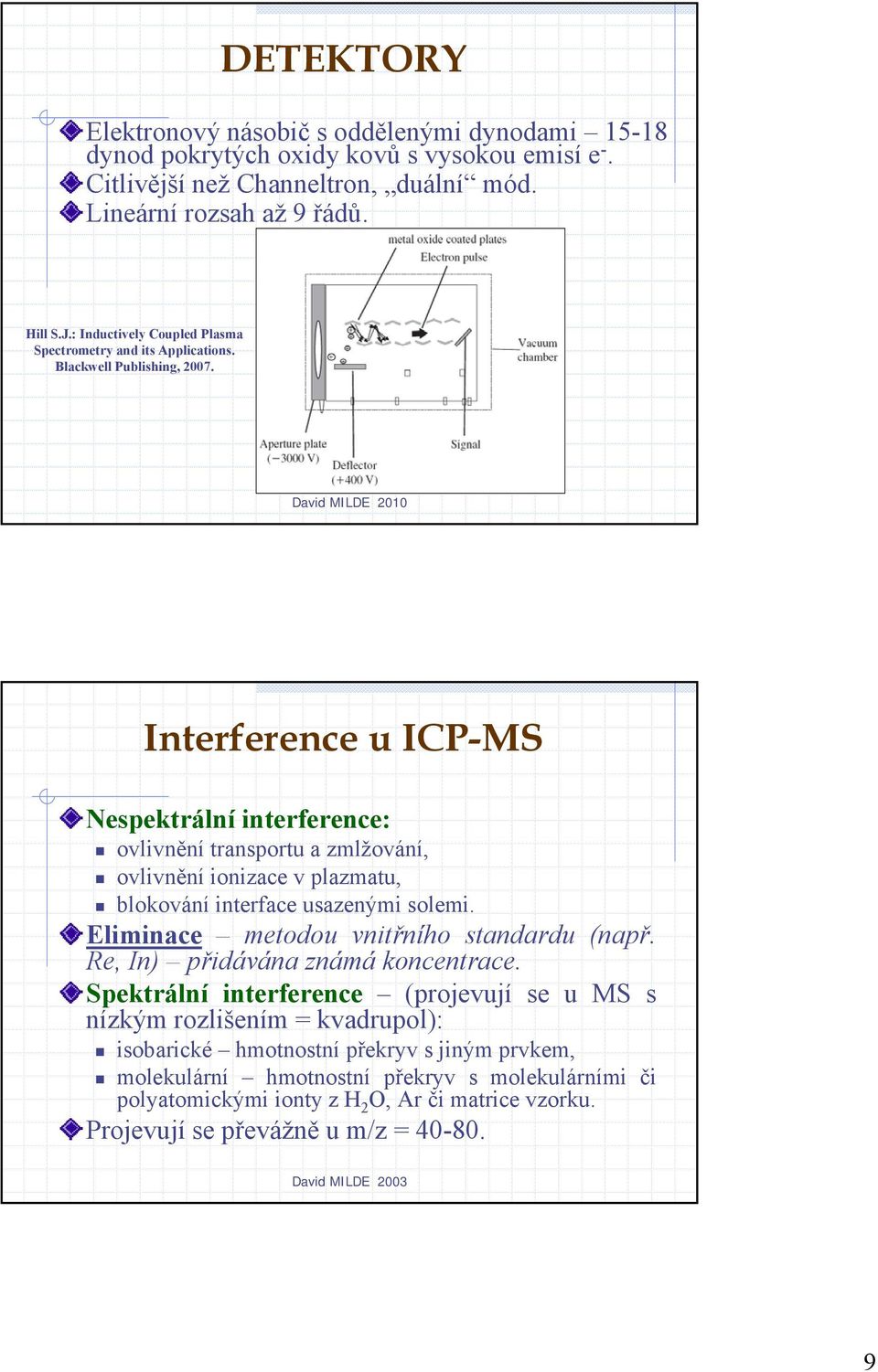 Interference u ICP-MS Nespektrální interference: ovlivnění transportu a zmlžování, ovlivnění ionizace v plazmatu, blokování interface usazenými solemi. Eliminace metodou vnitřního standardu (např.