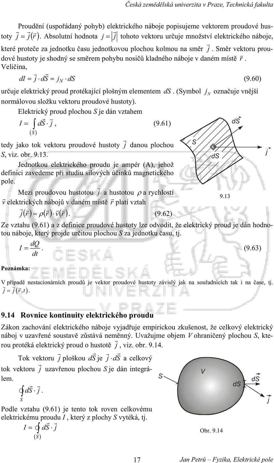 Sm vektou poudové hustoty je shodný se smem pohybu nos kladného náboje v daném míst. Velna, di jds j ds (9.60) N uuje elektcký poud potékající plošným elementem ds.