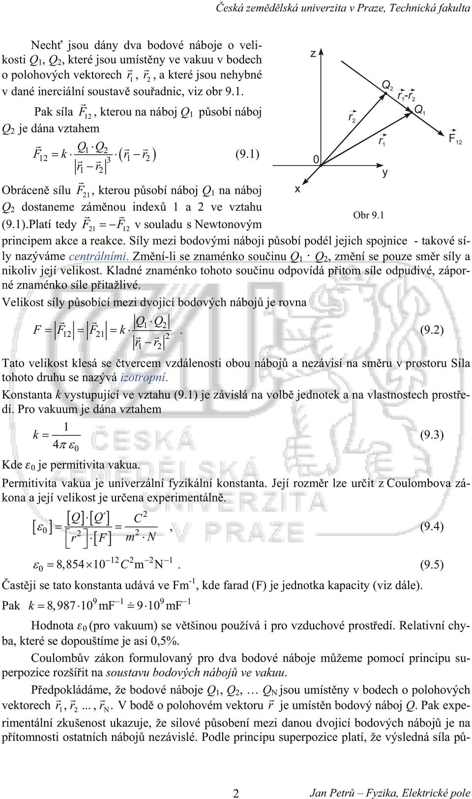 ) 2 Obácen sílu F 2, kteou psobí náboj Q na náboj x Q 2 dostaneme zámnou ndex a 2 ve vztahu Ob 9. (9.).Platí tedy F2 F2 v souladu s Newtonovým pncpem akce a eakce.