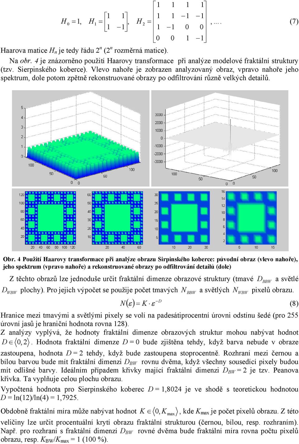 4 Použití aarovy trasformace při aalýze obrazu Sirpiského koberce: původí obraz (vlevo ahoře), jeho spektrum (vpravo ahoře) a rekostruovaé obrazy po odfiltrováí detailů (dole) DWBW Z těchto obrazů