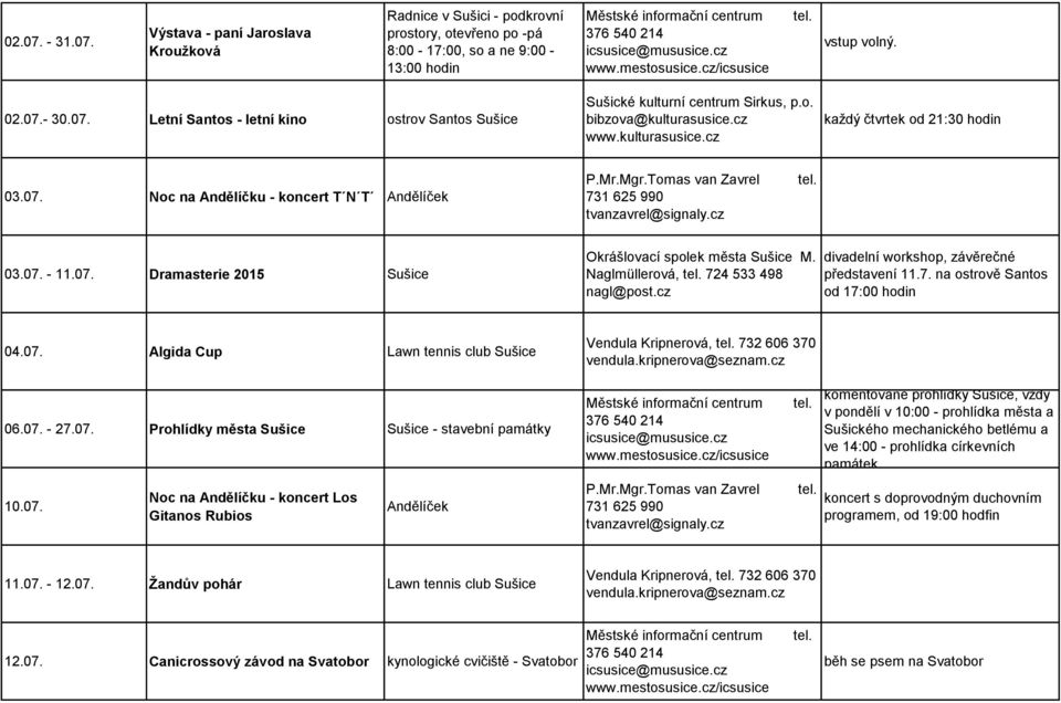 07. Algida Cup Lawn tennis club Vendula Kripnerová, 732 606 370 vendula.kripnerova@seznam.cz 06.07. - 27.07. Prohlídky města - stavební památky 10.07. Noc na Andělíčku - koncert Los Gitanos Rubios Andělíček 376 540 214 icsusice@mususice.
