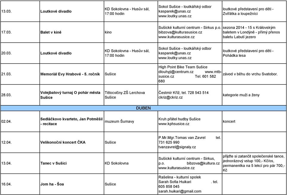 mtbsusice.cz Tel. 601 582 závod v běhu do vrchu Svatobor. 680 28.03. Volejbalový turnaj O pohár města Tělocvičny ZŠ Lerchova Čestmír Kříž, 728 543 514 ckriz@ckriz.cz kategorie muži a ženy DUBEN 02.04.