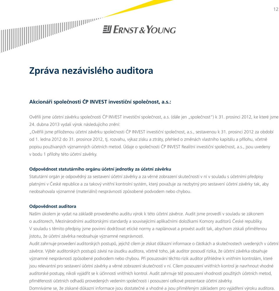 prosinci 2012 za období od 1. ledna 2012 do 31. prosince 2012, tj. rozvahu, výkaz zisku a ztráty, přehled o změnách vlastního kapitálu a přílohu, včetně popisu používaných významných účetních metod.