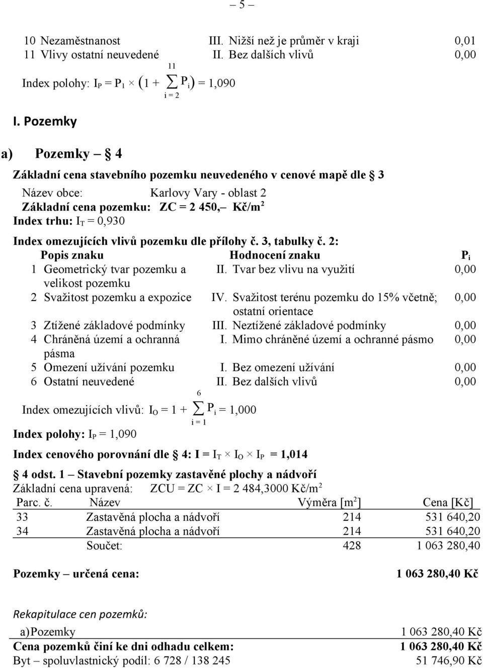 omezujících vlivů pozemku dle přílohy č. 3, tabulky č. 2: Popis znaku Hodnocení znaku P i 1 Geometrický tvar pozemku a II.