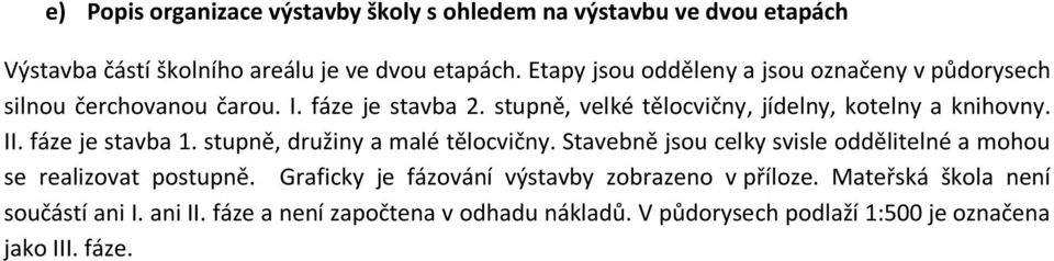 stupně, velké tělocvičny, jídelny, kotelny a knihovny. II. fáze je stavba 1. stupně, družiny a malé tělocvičny.