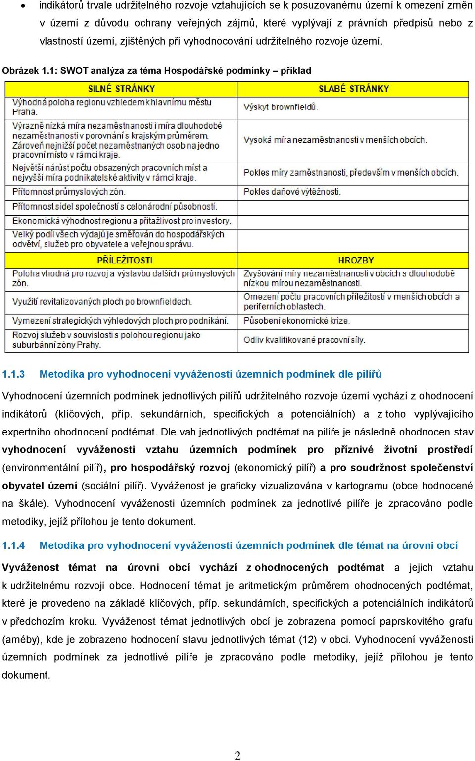 1: SWOT analýza za téma Hospodářské podmínky příklad 1.1.3 Metodika pro vyhodnocení vyváženosti územních podmínek dle pilířů Vyhodnocení územních podmínek jednotlivých pilířů udržitelného rozvoje území vychází z ohodnocení indikátorů (klíčových, příp.