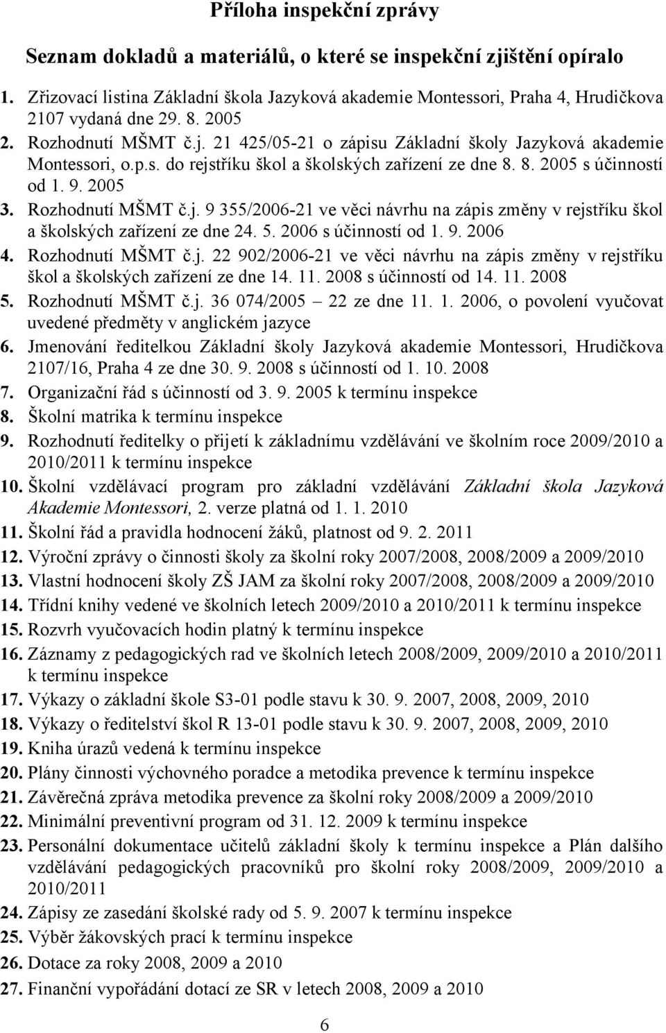 Rozhodnutí MŠMT č.j. 9 355/2006-21 ve věci návrhu na zápis změny v rejstříku škol a školských zařízení ze dne 24. 5. 2006 s účinností od 1. 9. 2006 4. Rozhodnutí MŠMT č.j. 22 902/2006-21 ve věci návrhu na zápis změny v rejstříku škol a školských zařízení ze dne 14.