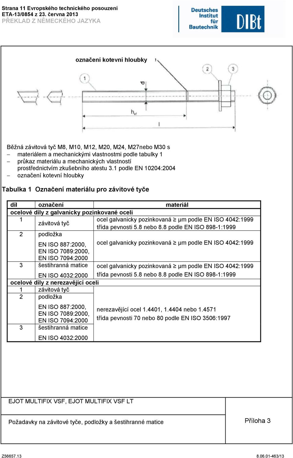 1 podle EN 10204:2004 označení kotevní hloubky Tabulka 1 Označení materiálu pro závitové tyče díl označení materiál ocelové díly z galvanicky pozinkované oceli 1 ocel galvanicky pozinkovaná μm podle