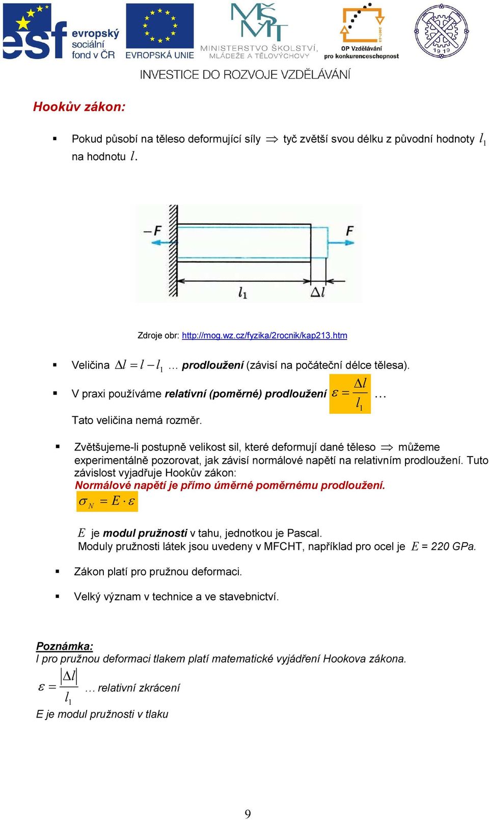 l 1 Zvětšujeme-li postupně velikost sil, které deformují dané těleso můžeme experimentálně pozorovat, jak závisí normálové napětí na relativním prodloužení.