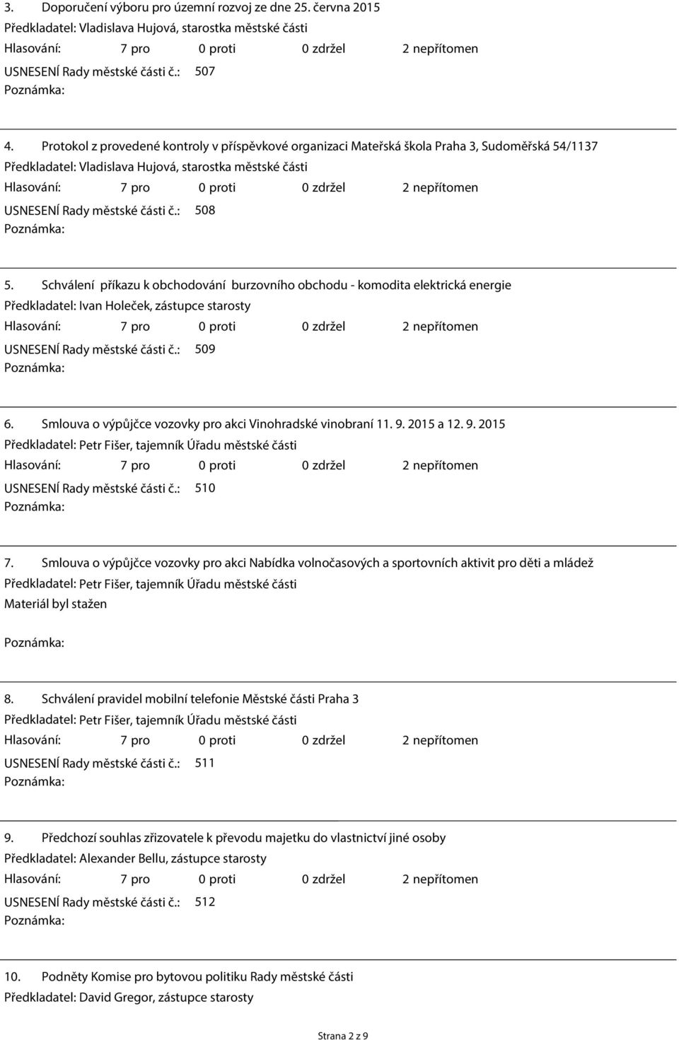 Schválení příkazu k obchodování burzovního obchodu - komodita elektrická energie USNESENÍ Rady městské části č.: 509 6. Smlouva o výpůjčce vozovky pro akci Vinohradské vinobraní 11. 9.