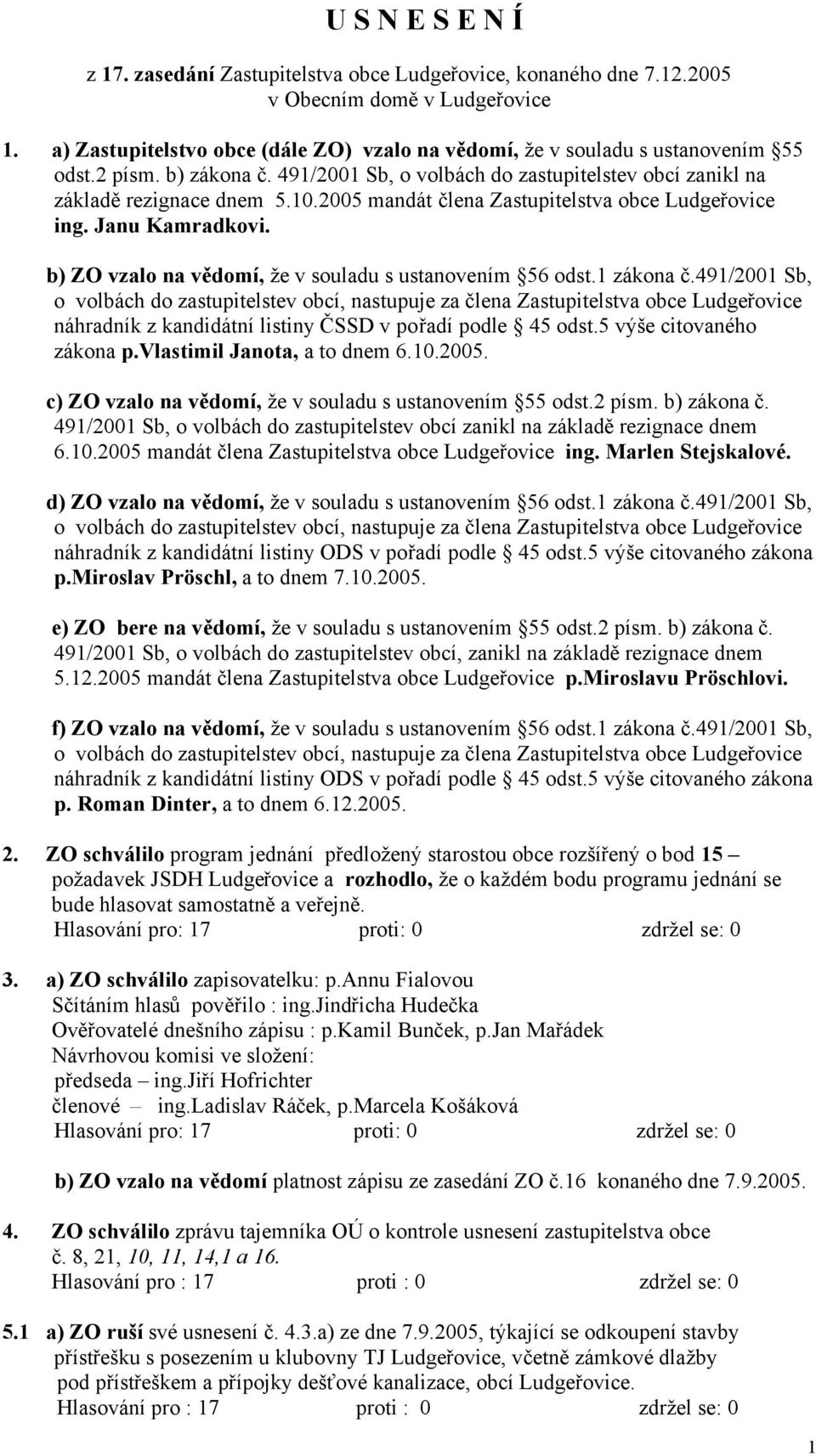 2005 mandát člena Zastupitelstva obce Ludgeřovice ing. Janu Kamradkovi. b) ZO vzalo na vědomí, že v souladu s ustanovením 56 odst.1 zákona č.