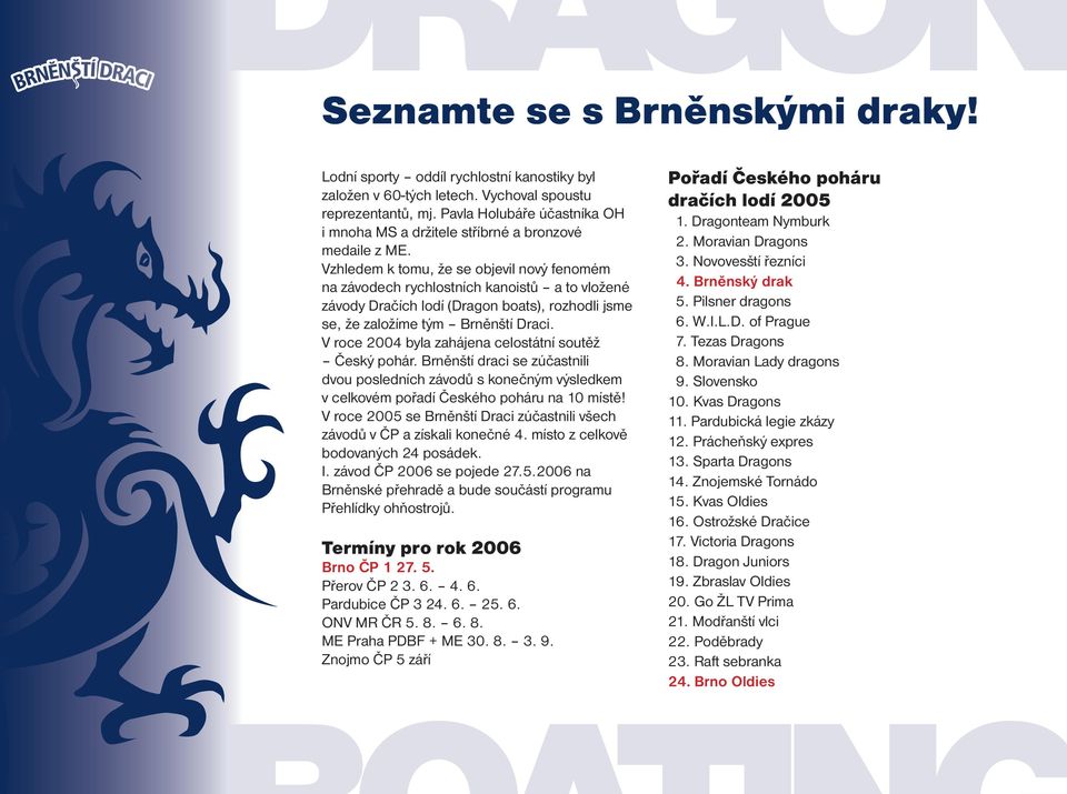 Vzhledem k tomu, že se objevil nový fenomém na závodech rychlostních kanoistů a to vložené závody Dračích lodí (Dragon boats), rozhodli jsme se, že založíme tým Brněnští Draci.