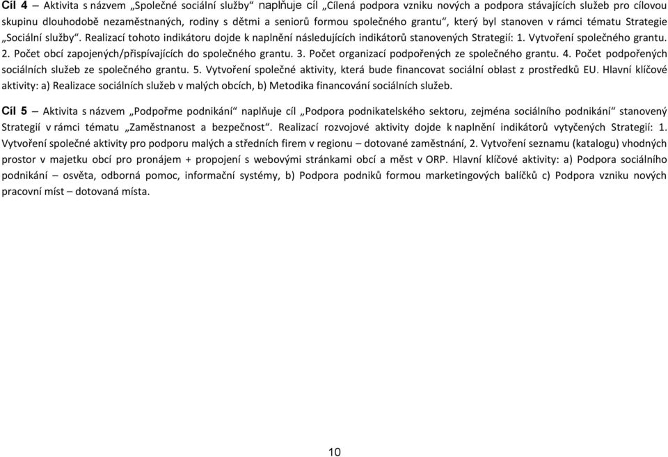 Vytvoření společného grantu. 2. Počet obcí zapojených/přispívajících do společného grantu. 3. Počet organizací podpořených ze společného grantu. 4.