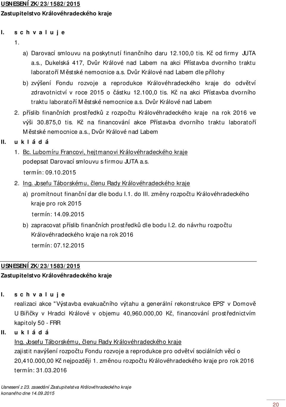 Kč na akci Přístavba dvorního traktu laboratoří Městské nemocnice a.s. Dvůr Králové nad Labem 2. příslib finančních prostředků z rozpočtu Královéhradeckého kraje na rok 2016 ve výši 30.875,0 tis.