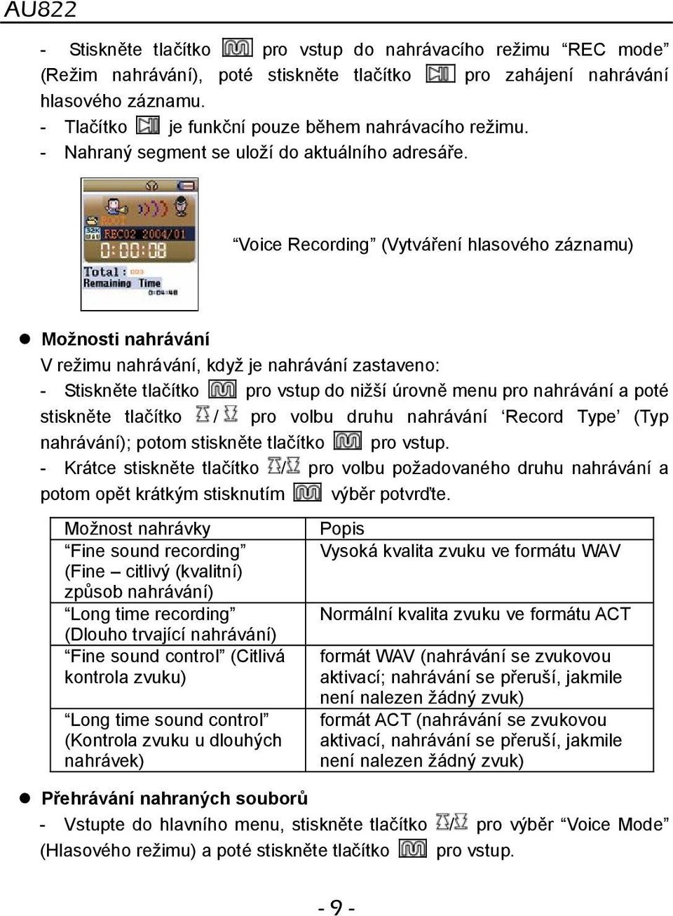 Voice Recording (Vytváření hlasového záznamu) Možnosti nahrávání V režimu nahrávání, když je nahrávání zastaveno: - Stiskněte tlačítko pro vstup do nižší úrovně menu pro nahrávání a poté stiskněte