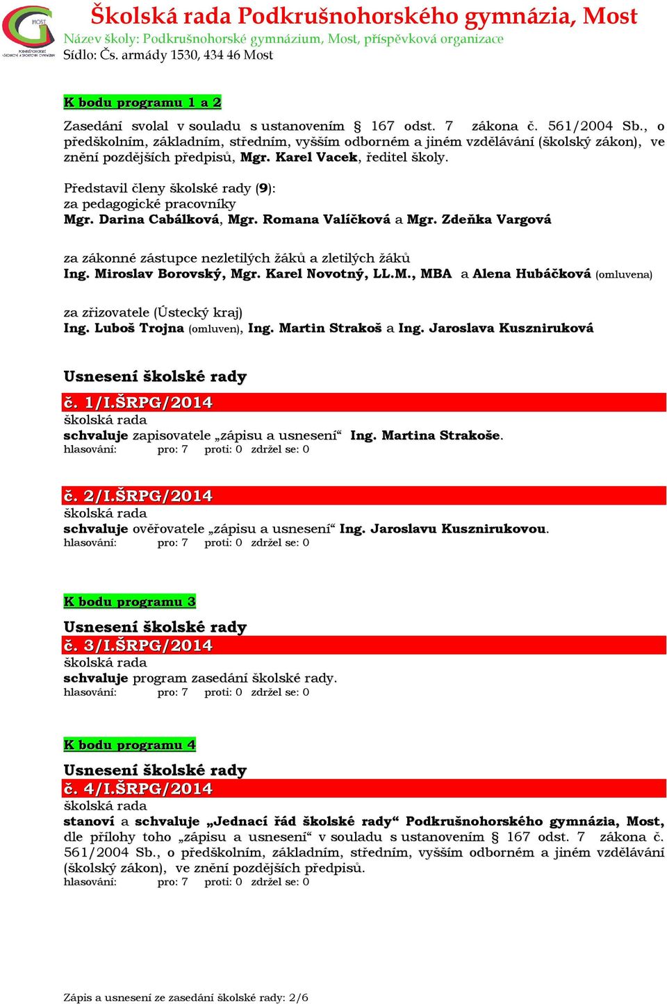 Představil členy školské rady (9): za pedagogické pracovníky Mgr. Darina Cabálková, Mgr. Romana Valíčková a Mgr. Zdeňka Vargová za zákonné zástupce nezletilých žáků a zletilých žáků Ing.