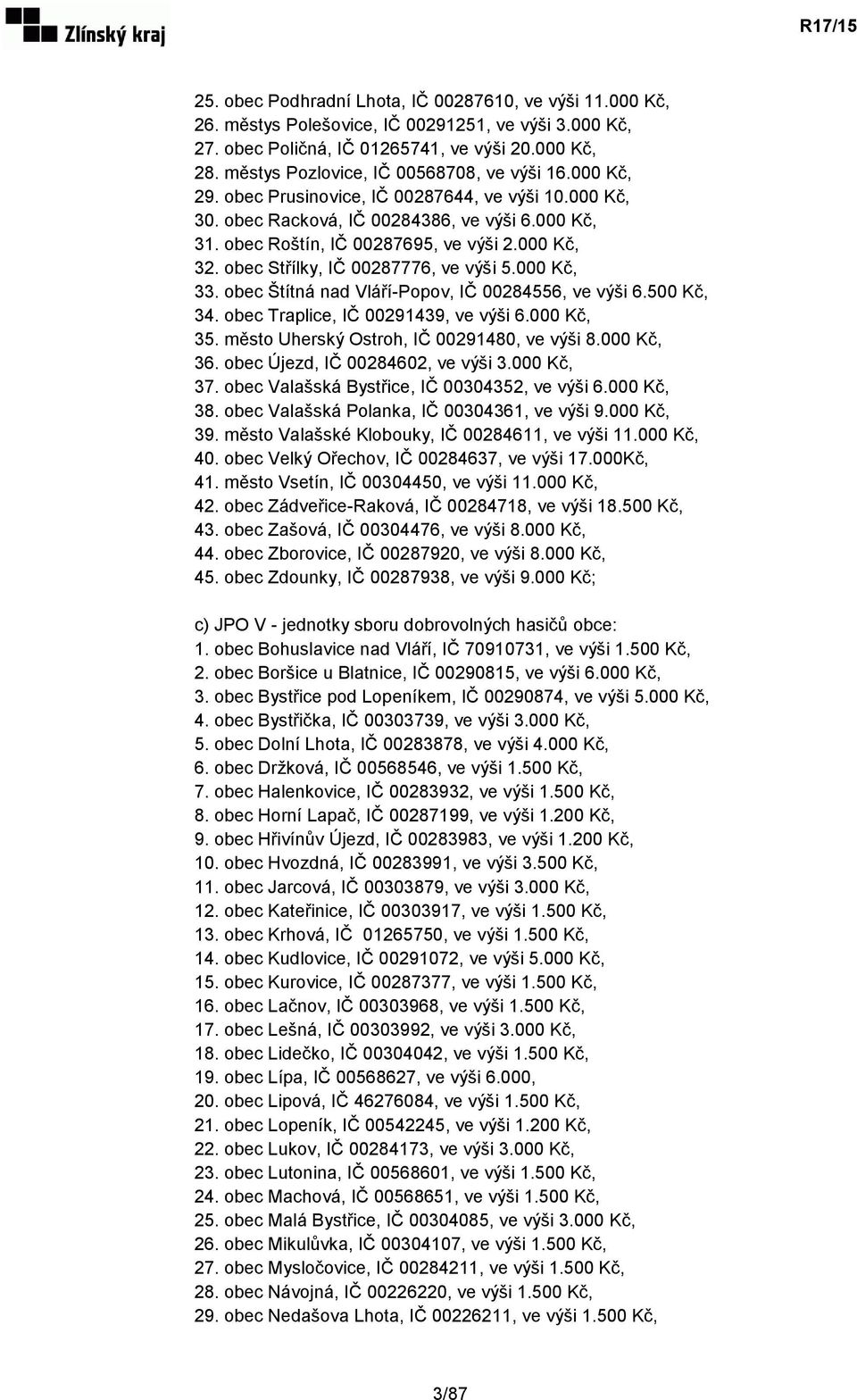 000 Kč, 32. obec Střílky, IČ 00287776, ve výši 5.000 Kč, 33. obec Štítná nad Vláří-Popov, IČ 00284556, ve výši 6.500 Kč, 34. obec Traplice, IČ 00291439, ve výši 6.000 Kč, 35.