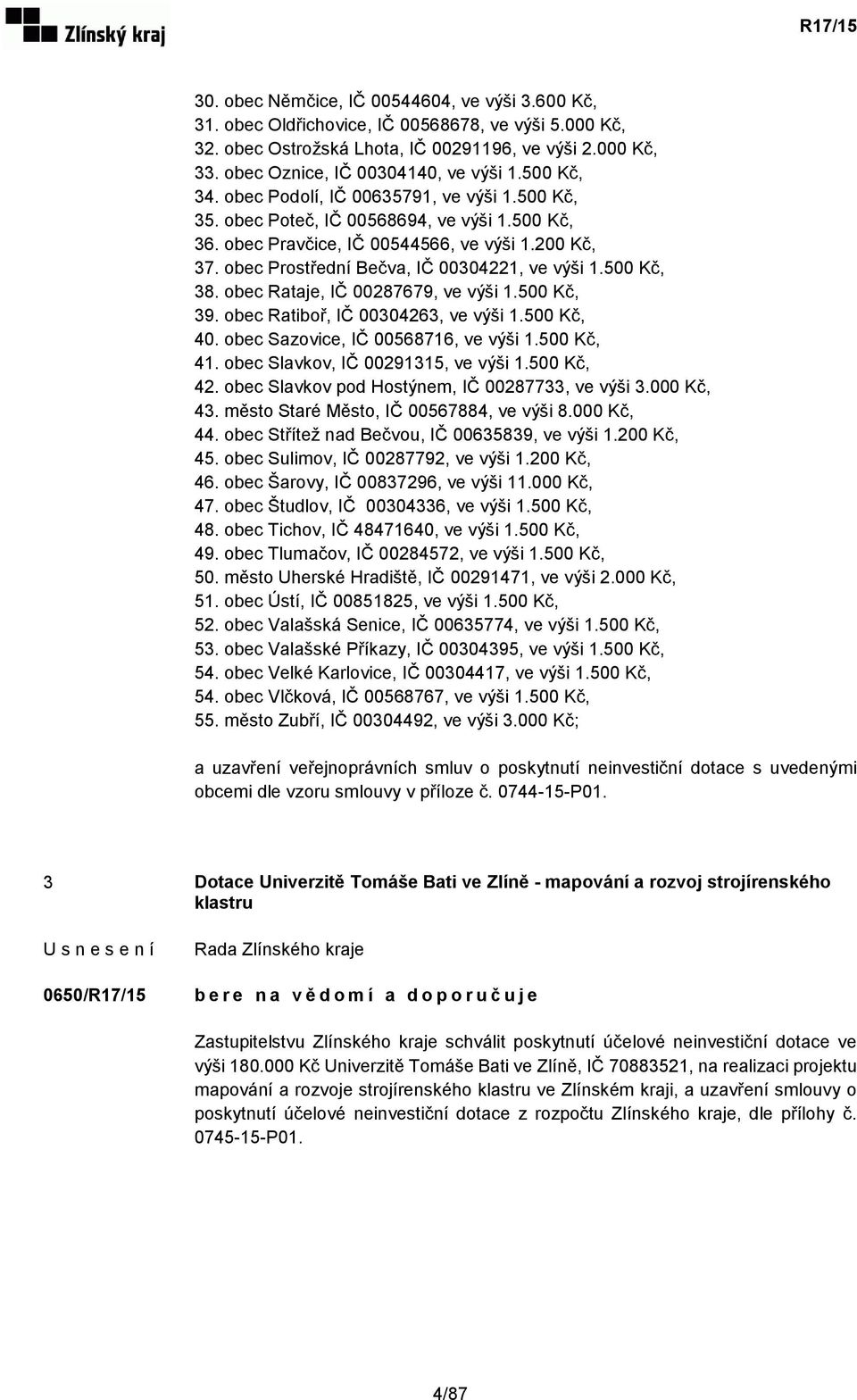 obec Prostřední Bečva, IČ 00304221, ve výši 1.500 Kč, 38. obec Rataje, IČ 00287679, ve výši 1.500 Kč, 39. obec Ratiboř, IČ 00304263, ve výši 1.500 Kč, 40. obec Sazovice, IČ 00568716, ve výši 1.