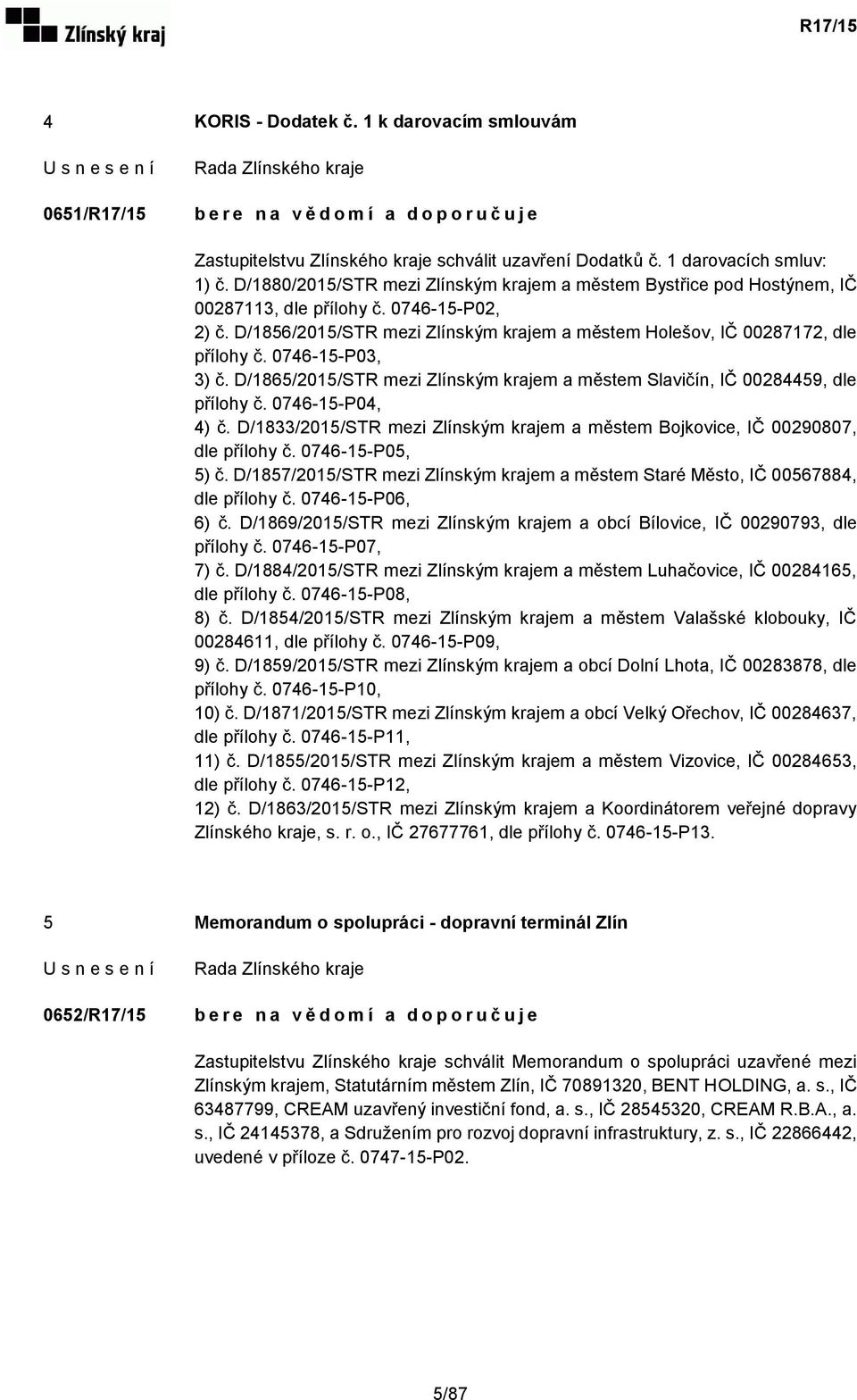 0746-15-P03, 3) č. D/1865/2015/STR mezi Zlínským krajem a městem Slavičín, IČ 00284459, dle přílohy č. 0746-15-P04, 4) č.
