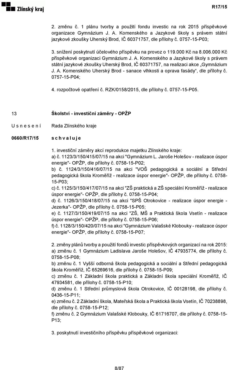 000 Kč příspěvkové organizaci Gymnázium J. A. Komenského a Jazykové školy s právem státní jazykové zkoušky Uherský Brod, IČ 60371757, na realizaci akce Gymnázium J. A. Komenského Uherský Brod - sanace vlhkosti a oprava fasády, dle přílohy č.