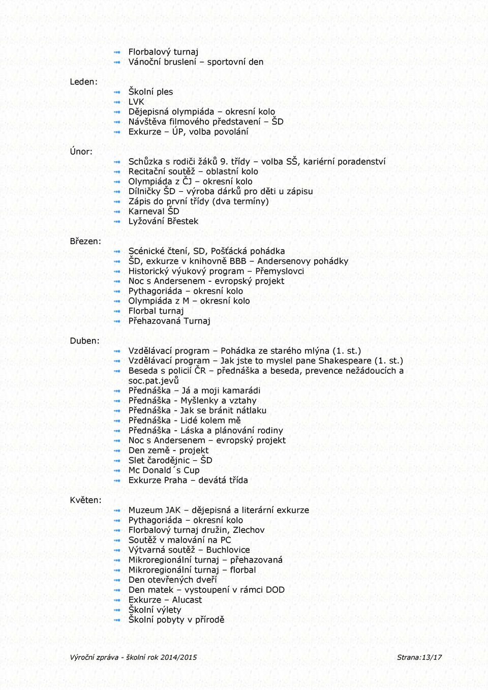 třídy volba SŠ, kariérní poradenství Recitační soutěž oblastní kolo Olympiáda z ČJ okresní kolo Dílničky ŠD výroba dárků pro děti u zápisu Zápis do první třídy (dva termíny) Karneval ŠD Lyžování