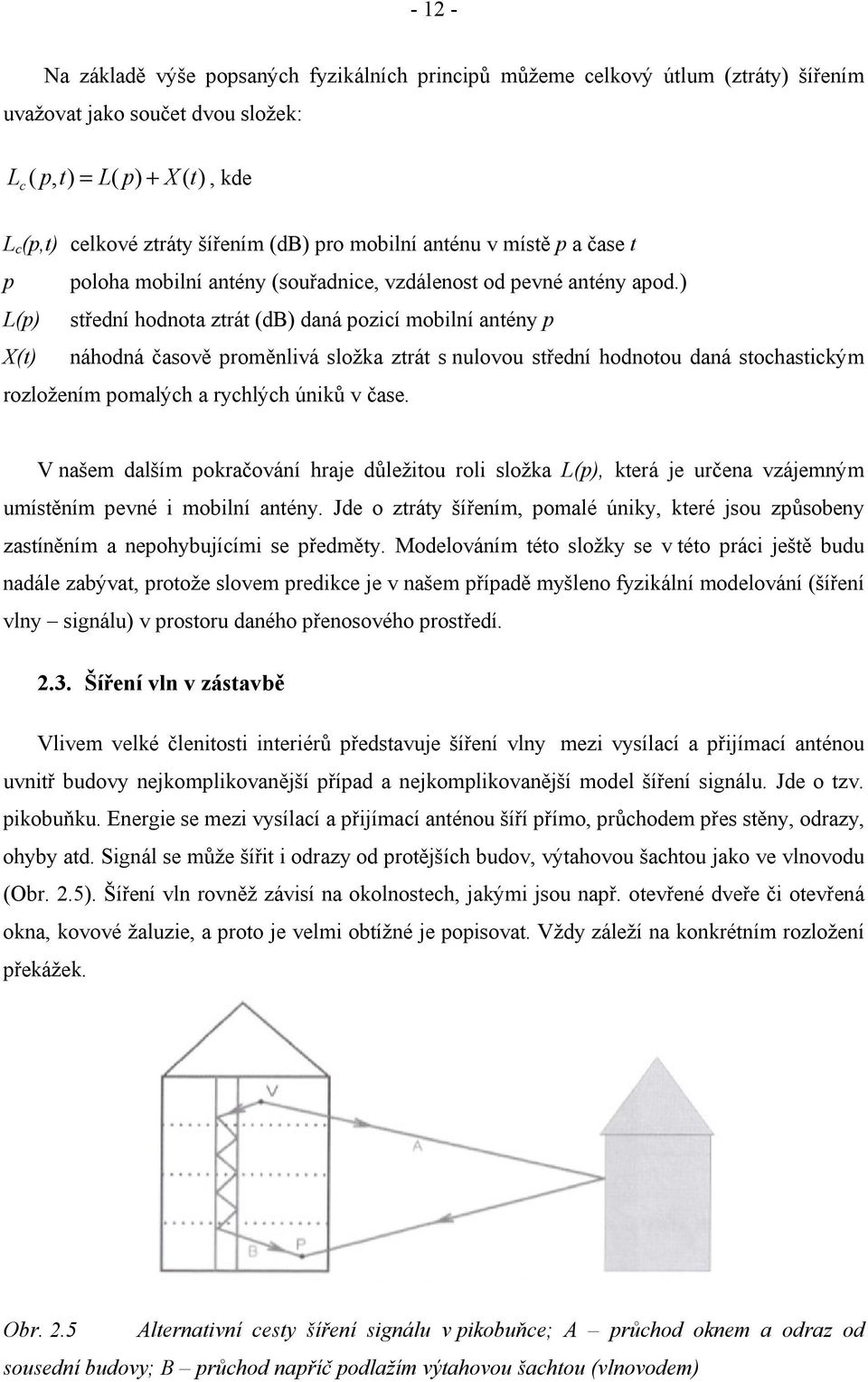 ) L(p) střední hodnota ztrát (db) daná pozicí mobilní antény p X(t) náhodná časově proměnlivá složka ztrát s nulovou střední hodnotou daná stochastickým rozložením pomalých a rychlých úniků v čase.