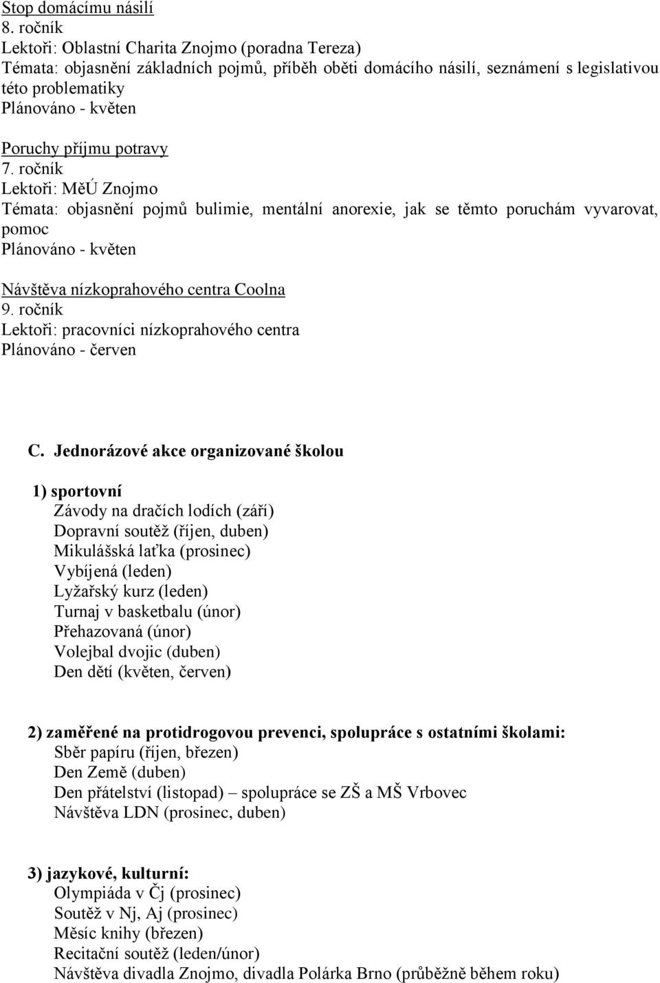 potravy 7. ročník Lektoři: MěÚ Znojmo Témata: objasnění pojmů bulimie, mentální anorexie, jak se těmto poruchám vyvarovat, pomoc Plánováno - květen Návštěva nízkoprahového centra Coolna 9.