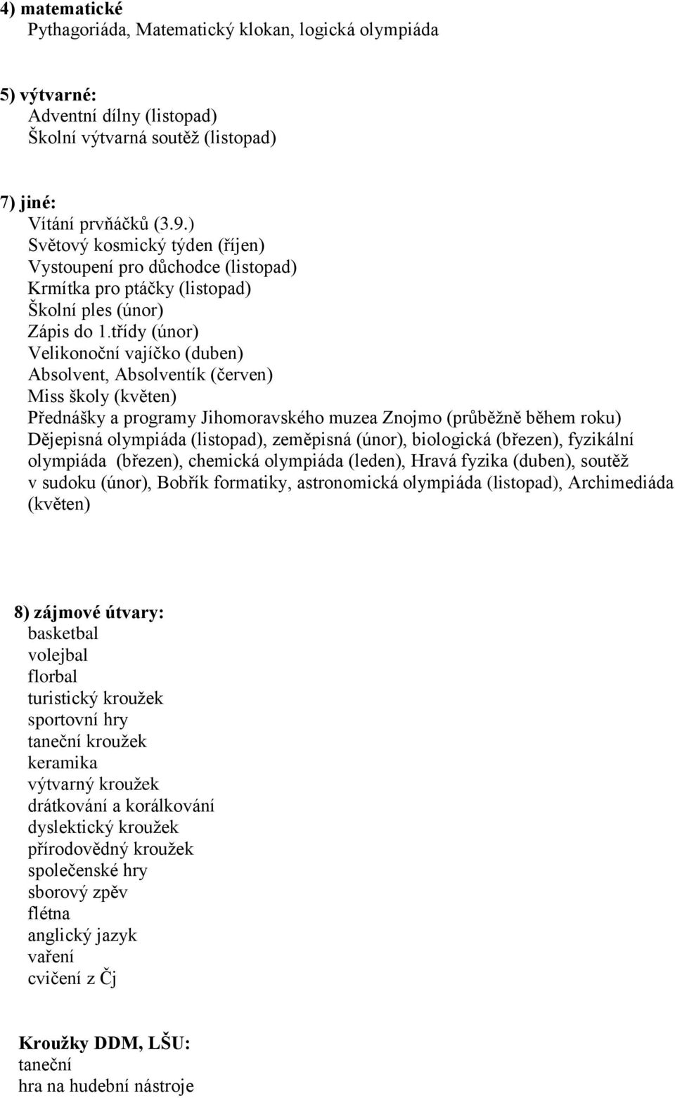 třídy (únor) Velikonoční vajíčko (duben) Absolvent, Absolventík (červen) Miss školy (květen) Přednášky a programy Jihomoravského muzea Znojmo (průběžně během roku) Dějepisná olympiáda (listopad),