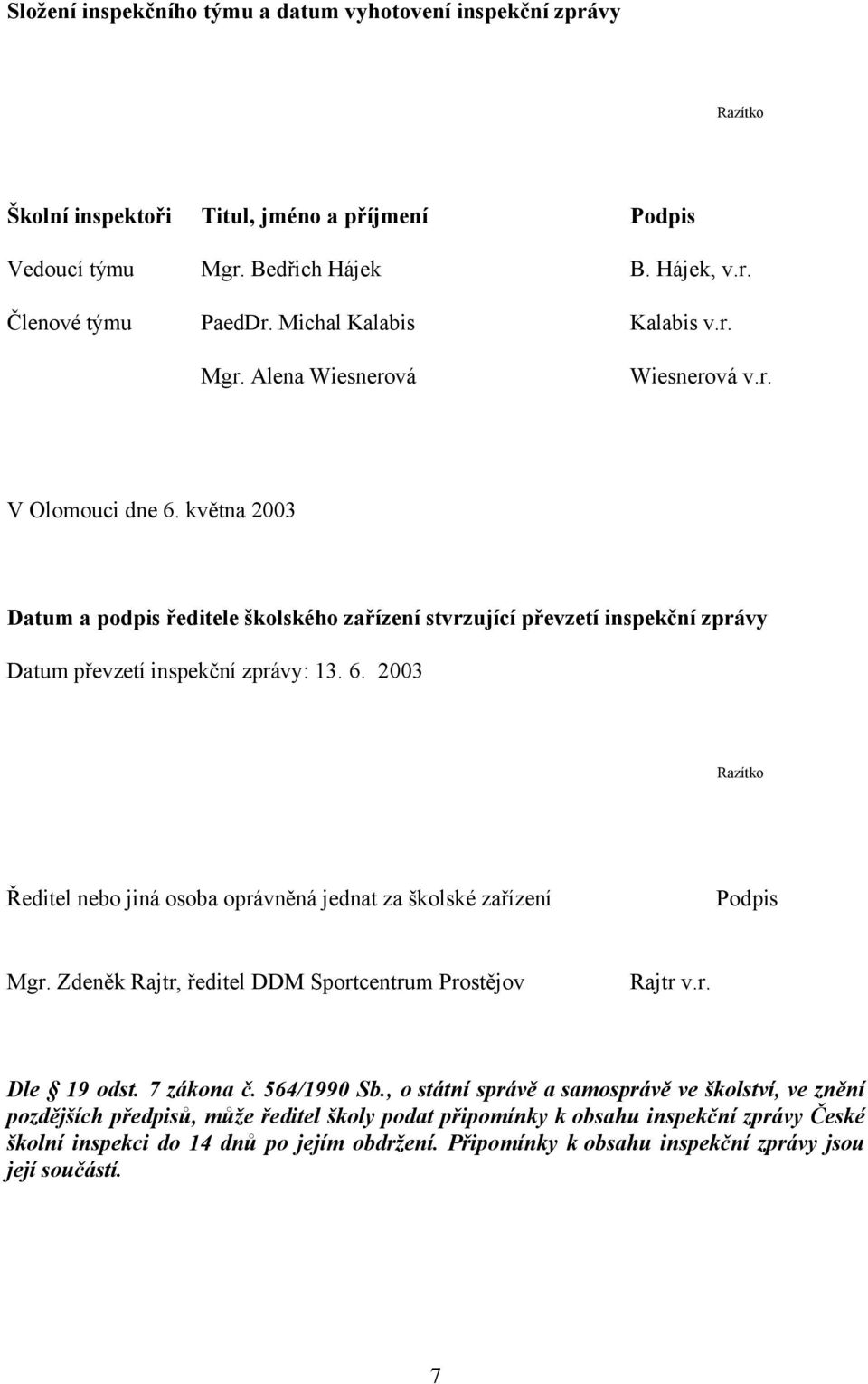 května 2003 Datum a podpis ředitele školského zařízení stvrzující převzetí inspekční zprávy Datum převzetí inspekční zprávy: 13. 6.