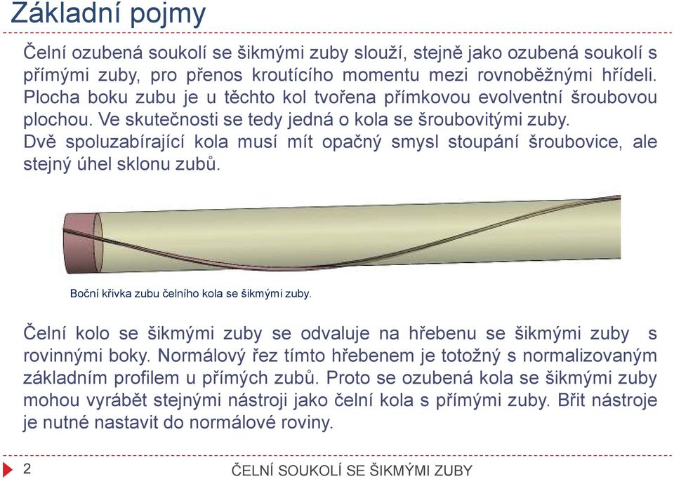 Dvě spoluzabírající kola musí mí opačný smysl soupání šroubovice, ale sejný úhel sklonu zubů. Boční křivka zubu čelního kola se šikmými zuby.