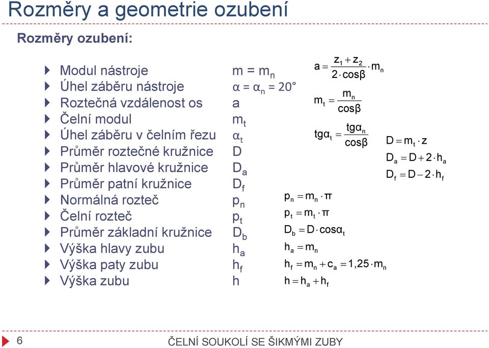 Průměr základní kružnice D D b b Výška hlavy zubu h a Výška pay zubu h f hf Výška zubu h a= m = gα p n = m n π p = m π z + z 2 cosβ = = D